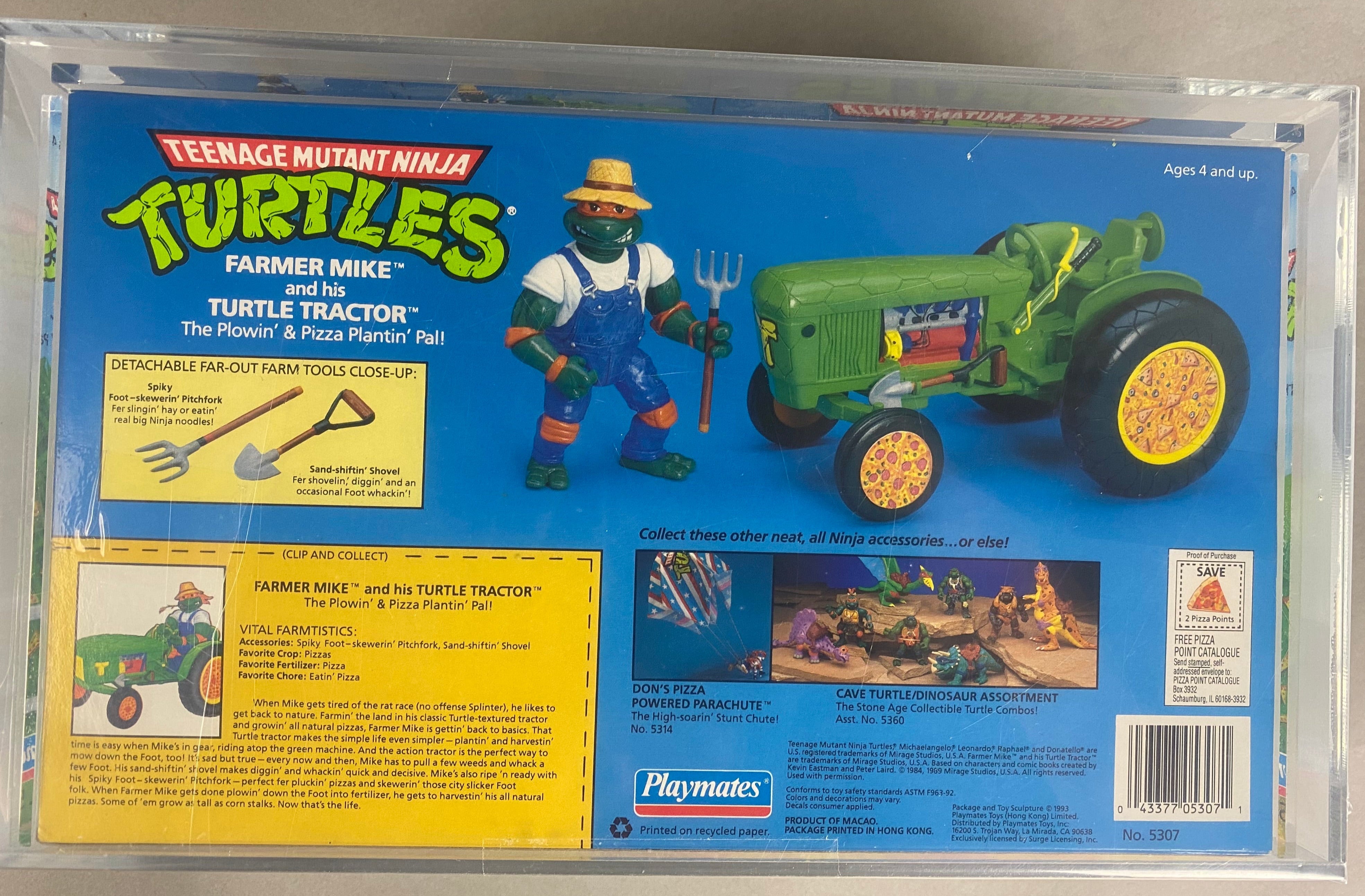 Teenage Mutant Ninja Turtles Farmer Mike and his Turtle Tractor boxed figure AFA graded 70+. Back photo.